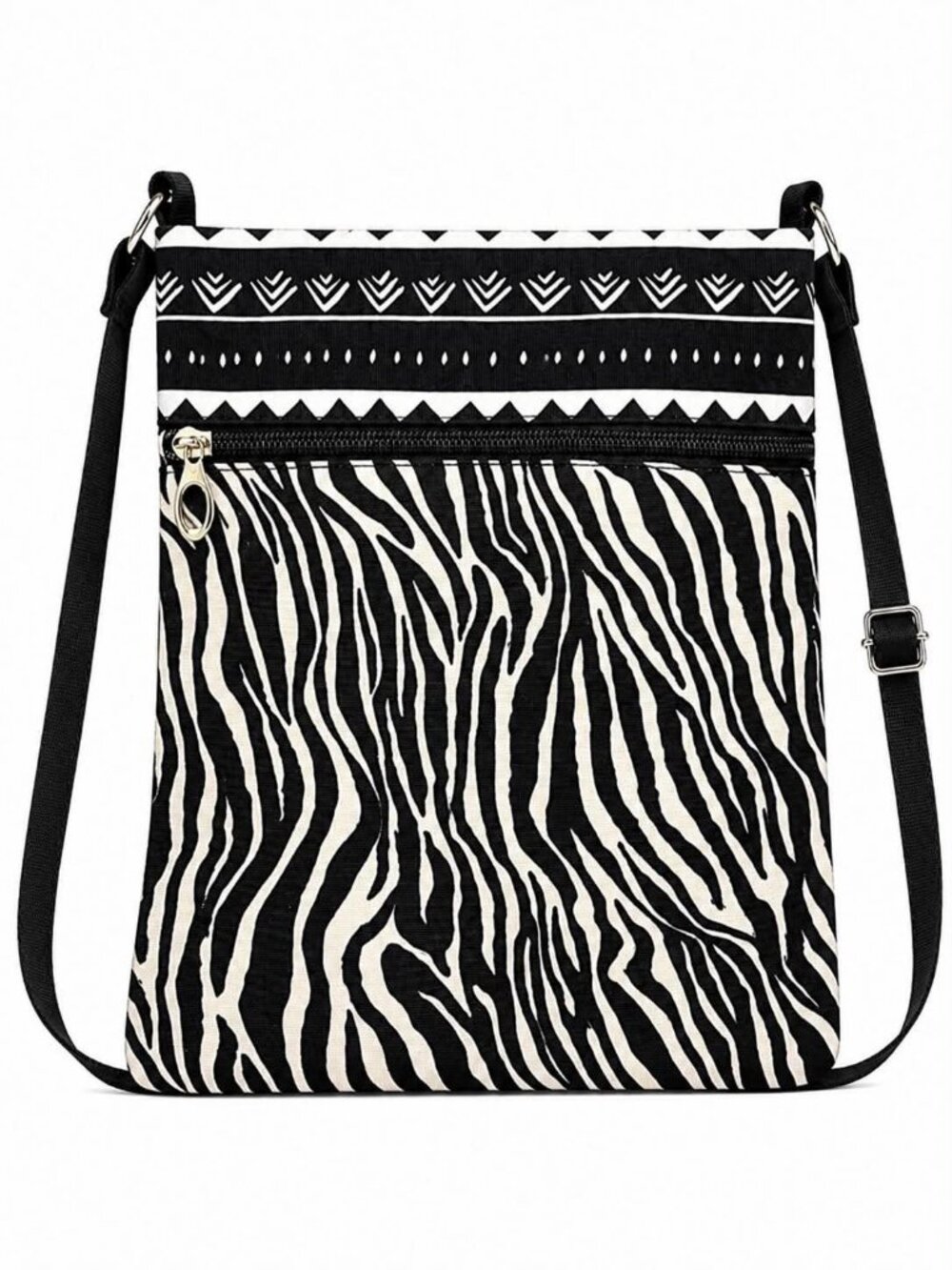 Black and white zebra-print crossbody phone bag